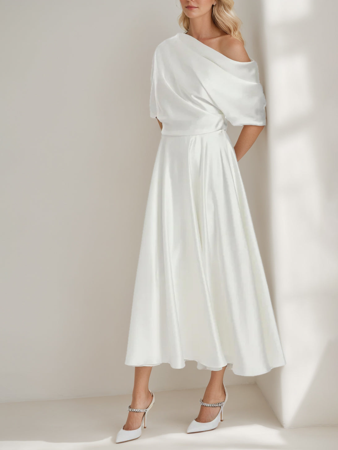 A-Line/Princess One-Shoulder Half Sleeves Ankle Length Wedding Dress With Ruffles Ivory