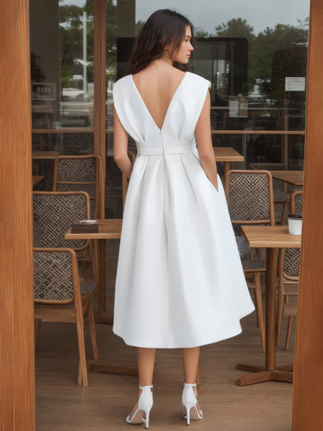 A-Line/Princess Scoop Sleeveless Tea Length Wedding Dress With Ruffles White