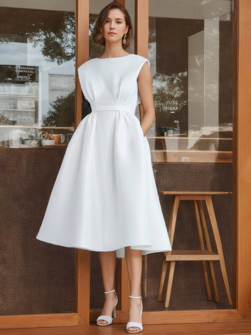 A-Line/Princess Scoop Sleeveless Tea Length Wedding Dress With Ruffles Ivory