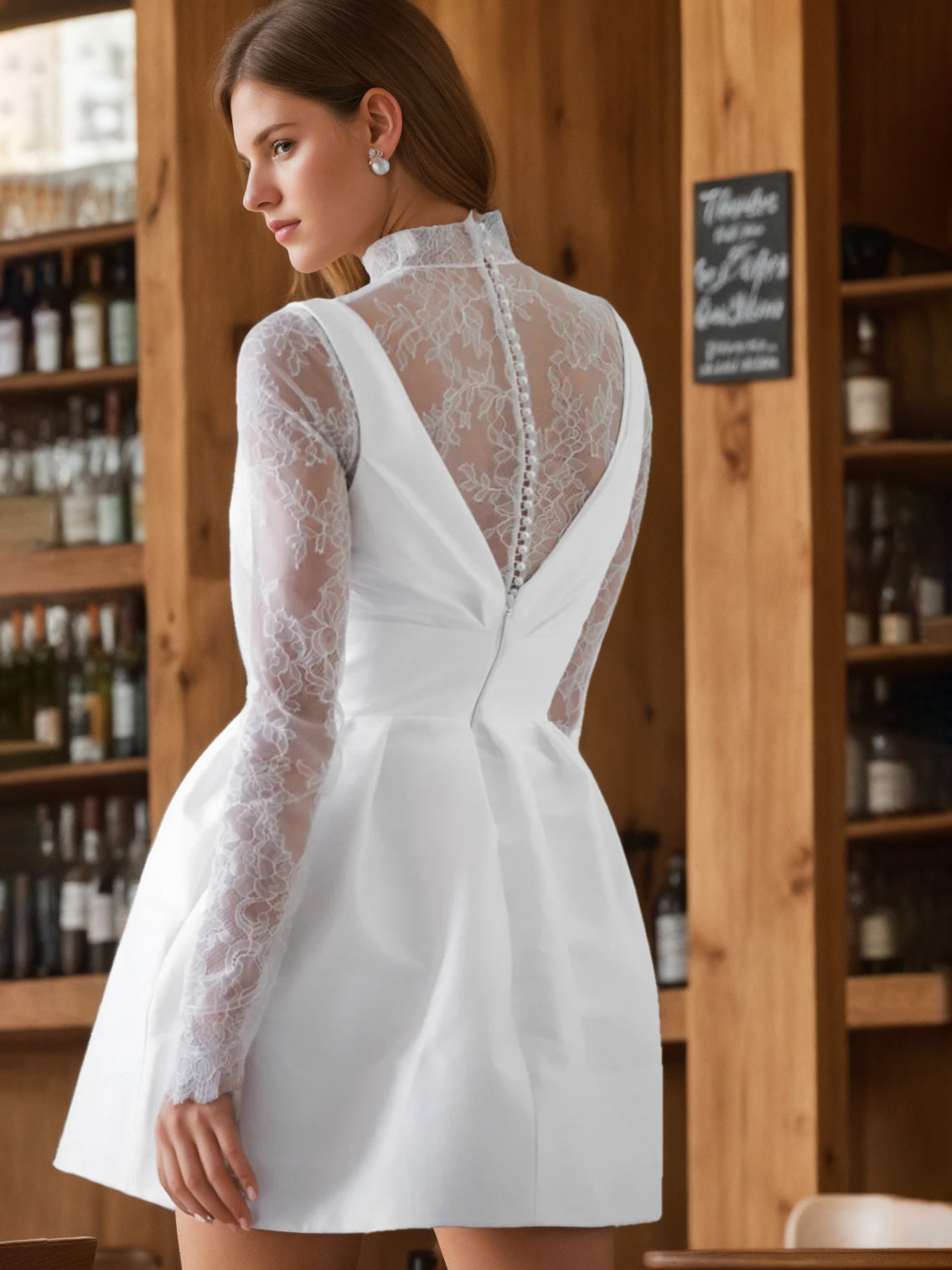 A-Line/Princess Deep V-Neck Long Sleeves Mini Wedding Dress With Ruffles White