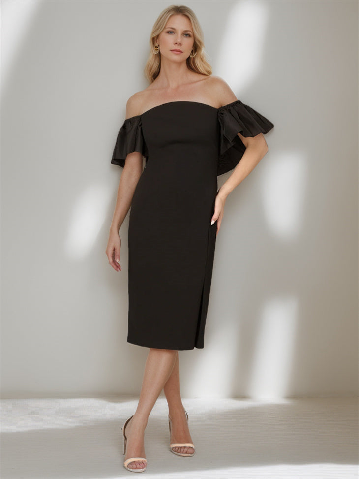 Sheath/Column Off-the-Shoulder Sleeveless Tea-Length Wedding Dress With Pure Color Black