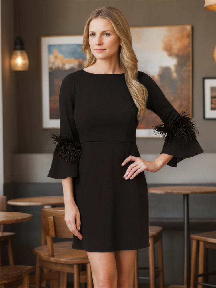 Sheath/Column Scoop Long Sleeves Mini Wedding Dress With Sash Black