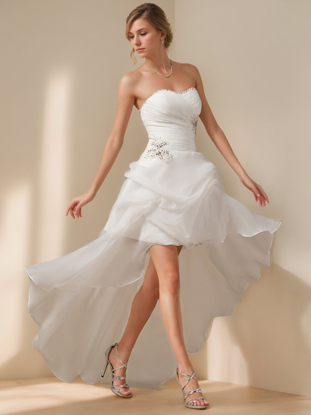 A-Line/Princess Strapless Sleeveless Asymmetrical Wedding Dress with Beading & Lace Champagne