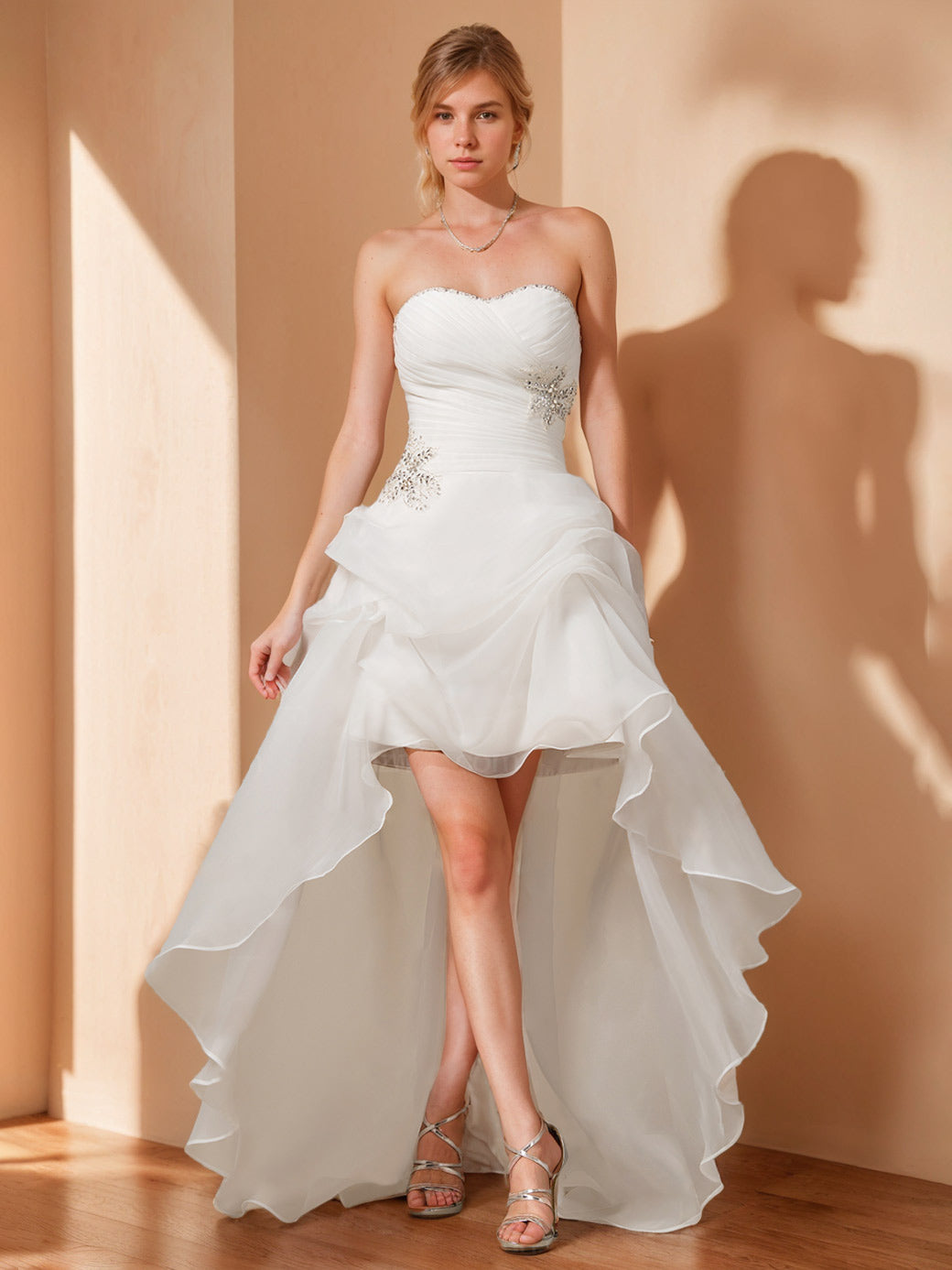 A-Line/Princess Strapless Sleeveless Asymmetrical Wedding Dress with Beading & Lace White