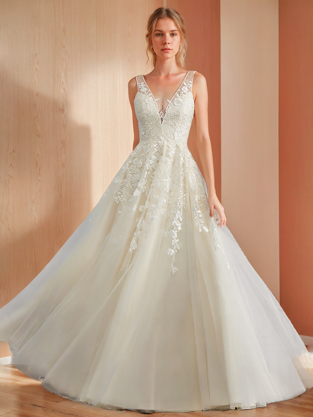 A-Line/Princess Deep V-Neck Sleeveless Floor-Length Long Wedding Dress with Appliques Ivory