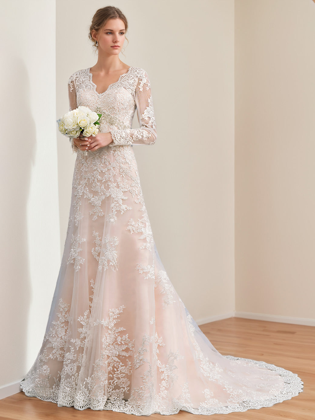 A-Line/Princess Long Sleeves Floor Length Wedding Dress with Appliques Pink