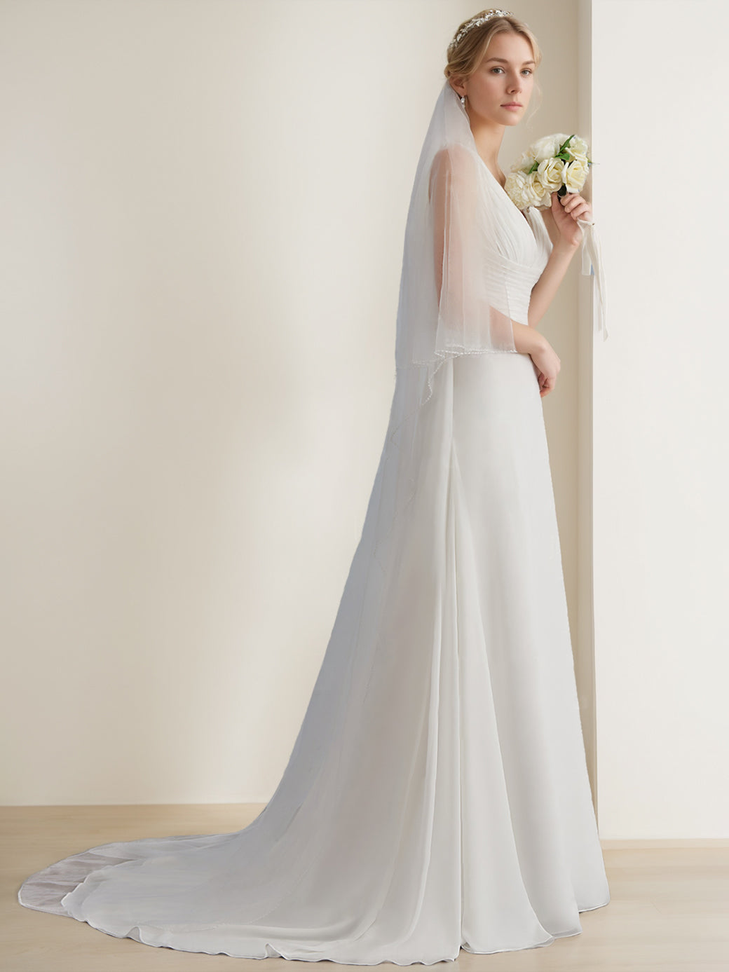 A-Line/Princess V-Neck Sleeveless Floor-Length Long Tulle Wedding Dress with Ruffles Ivory