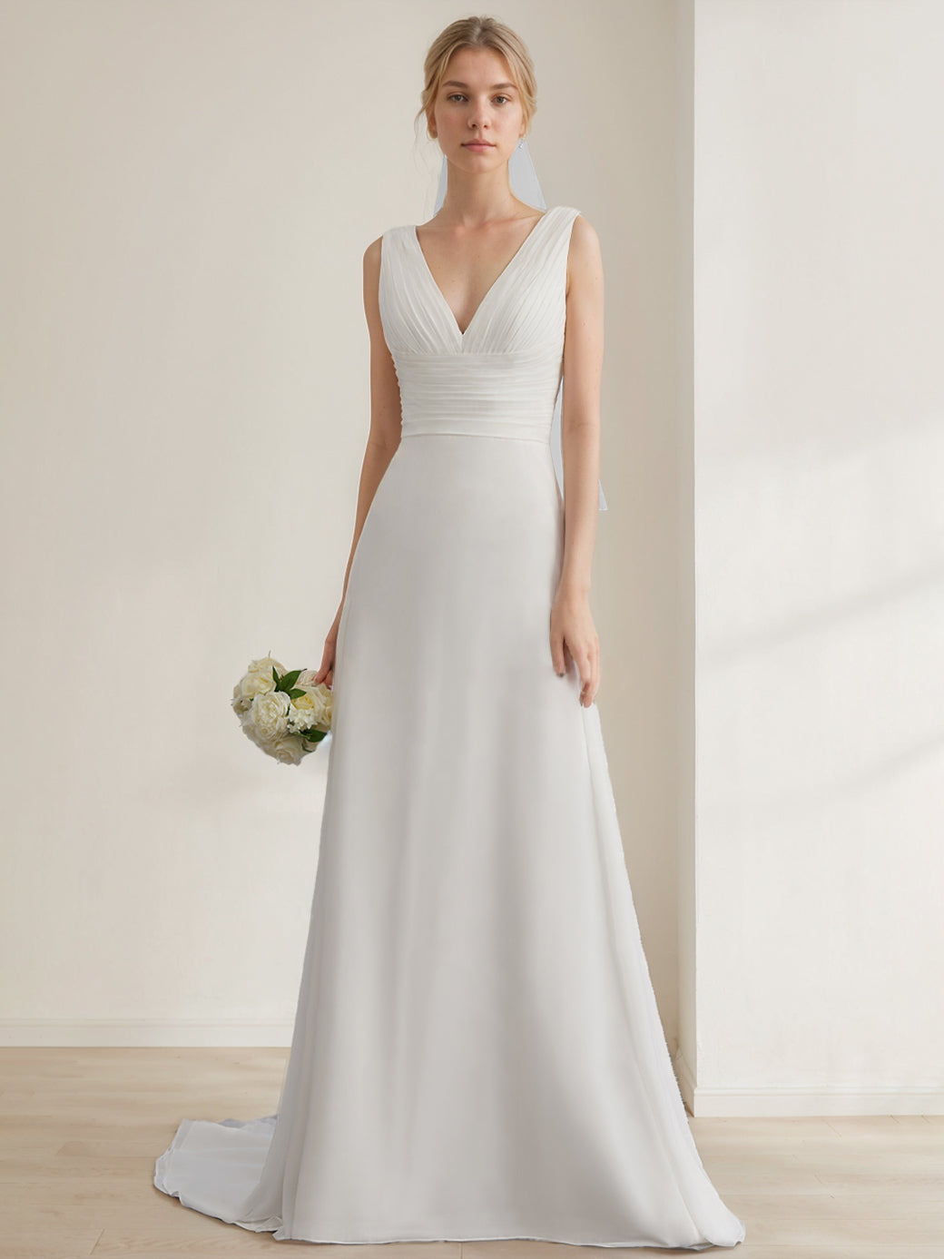 A-Line/Princess V-Neck Sleeveless Floor-Length Long Tulle Wedding Dress with Ruffles White