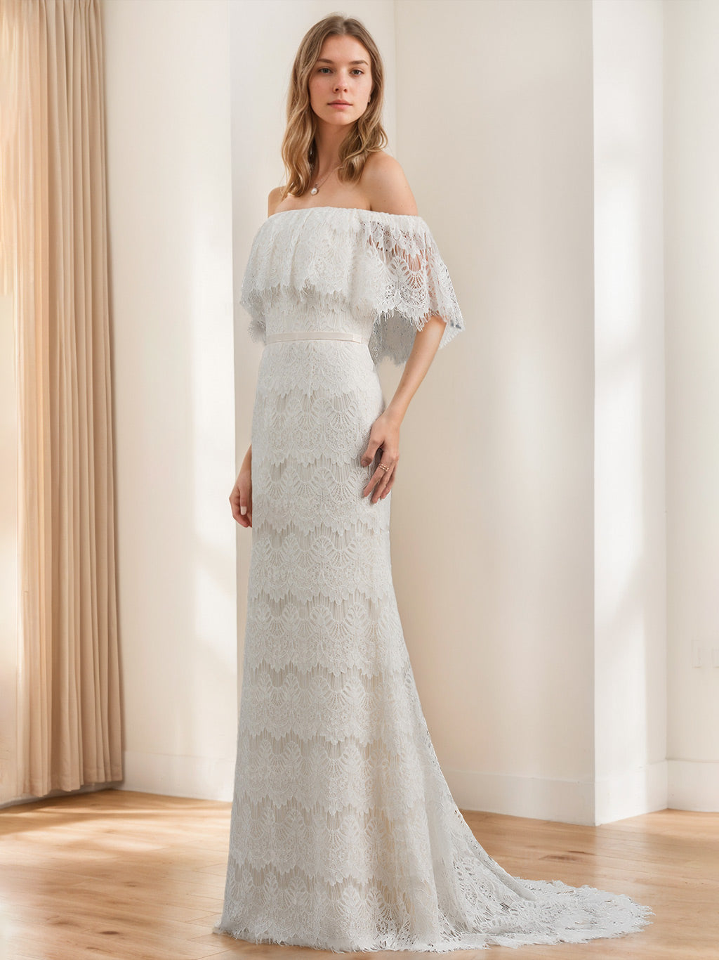 A-Line/Princess Off-the-Shoulder Floor-Length Lace Wedding Dress Black