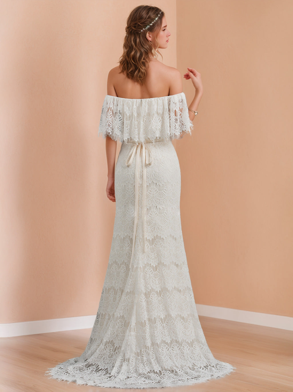A-Line/Princess Off-the-Shoulder Floor-Length Lace Wedding Dress Champagne
