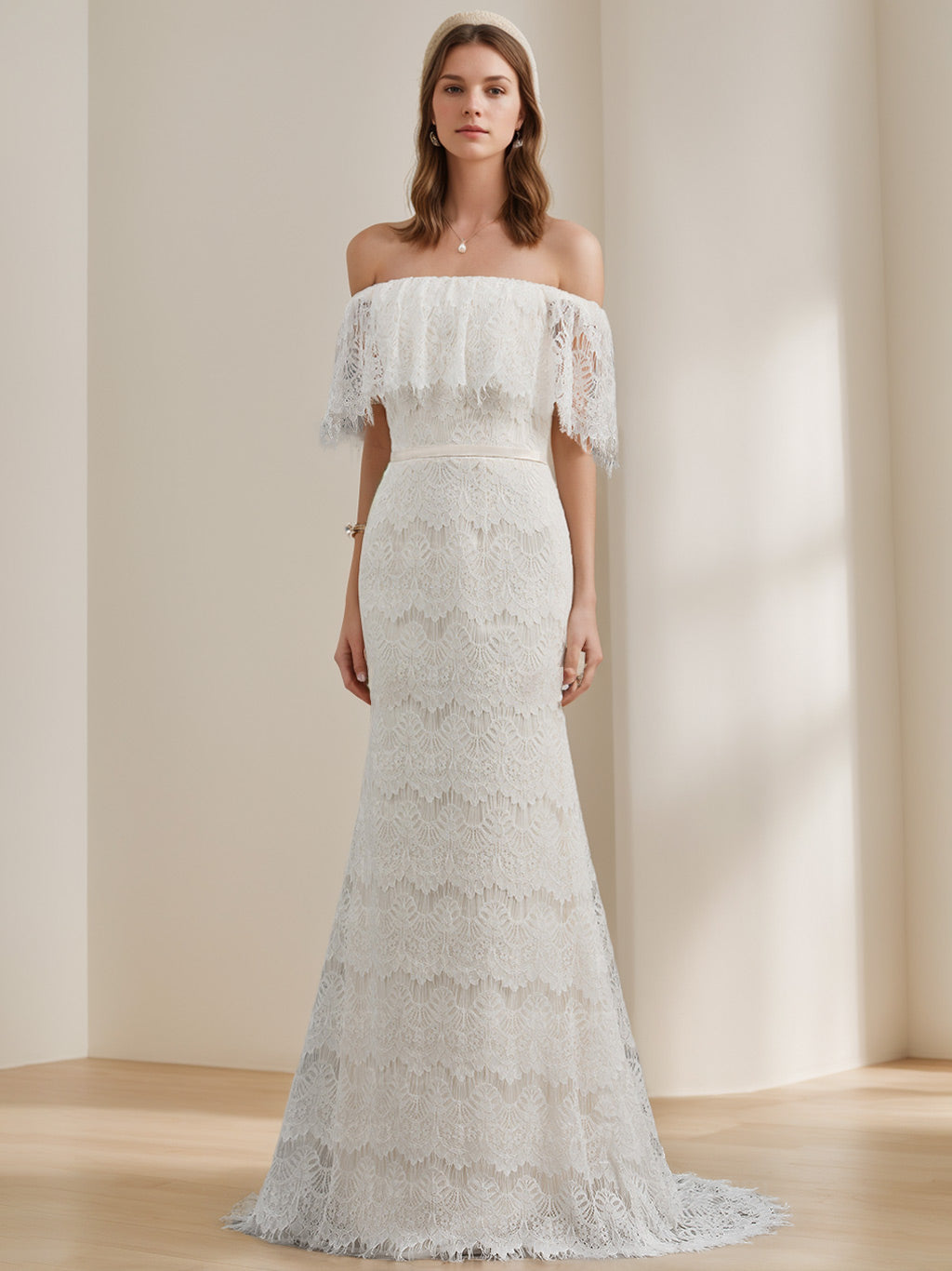 A-Line/Princess Off-the-Shoulder Floor-Length Lace Wedding Dress White