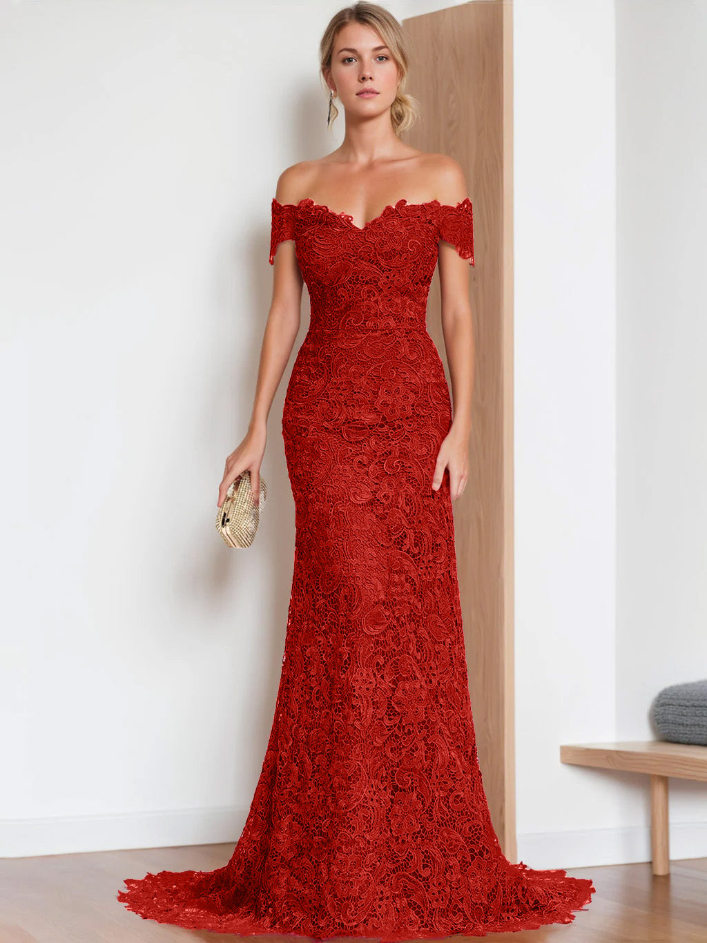 Trumpet/Mermaid Off-the-Shoulder V-Neck Floor-Length Applique Wedding Dress Red