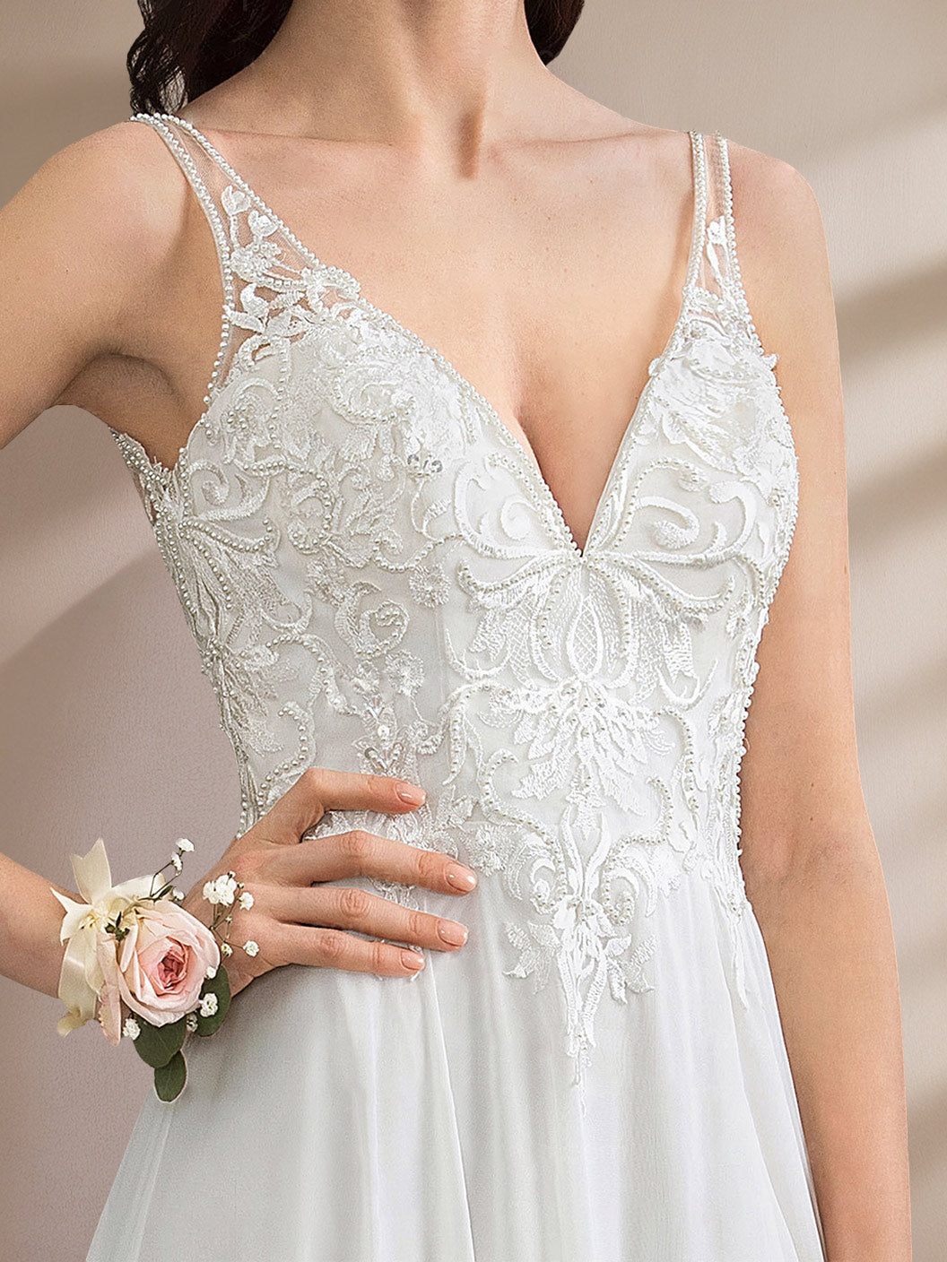 A-Line/Princess Deep V-Neck Sleeveless Floor-Length Unique Split Side Wedding Dress with Appliques & Lace Champagne