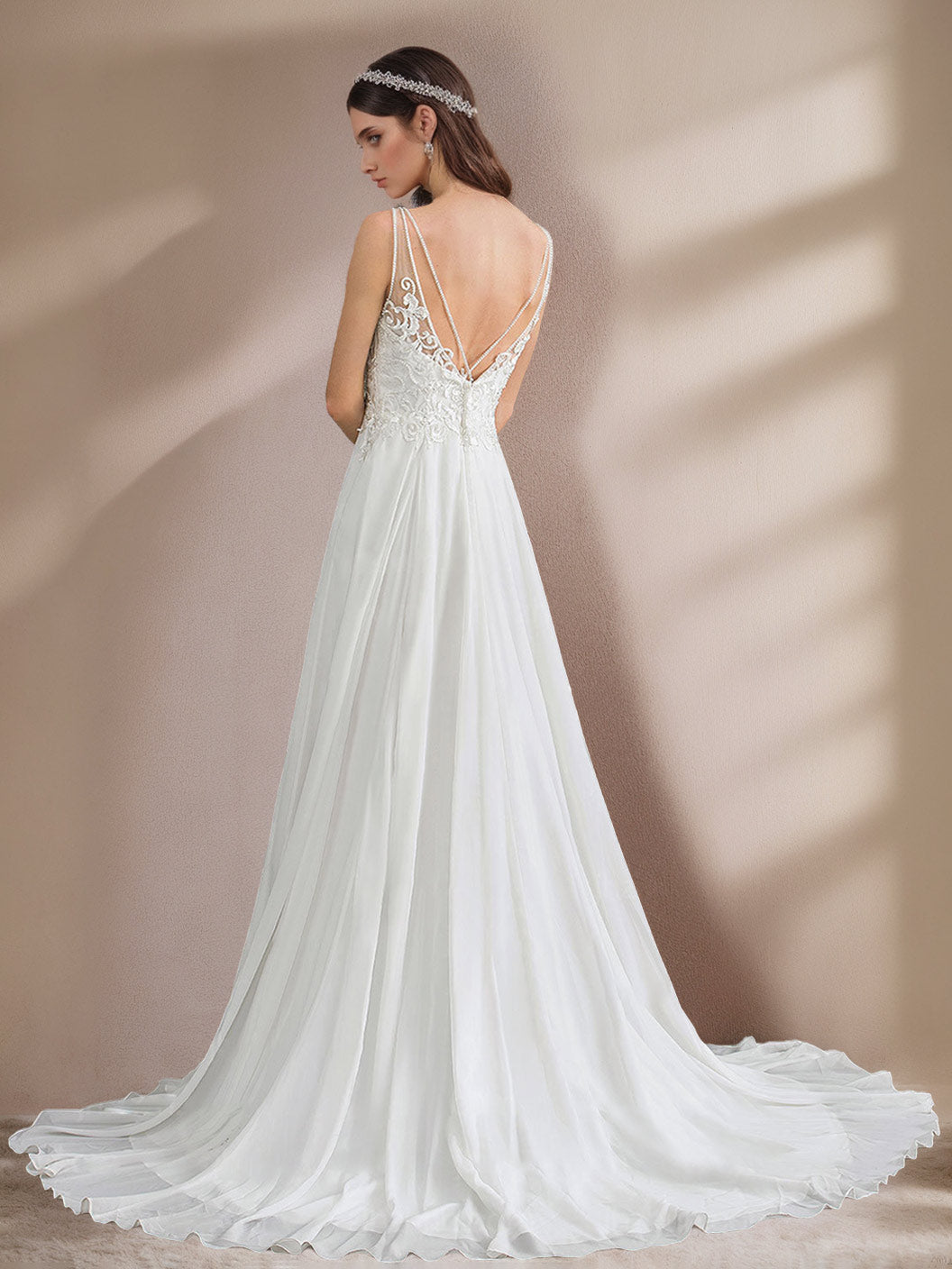 A-Line/Princess Deep V-Neck Sleeveless Floor-Length Unique Split Side Wedding Dress with Appliques & Lace Ivory