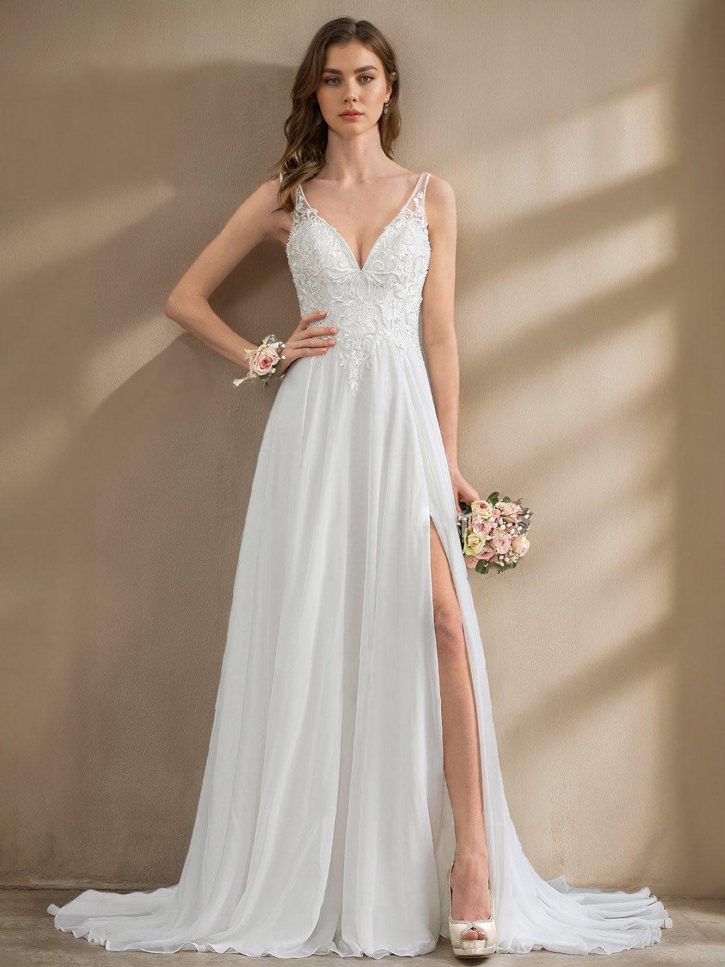 A-Line/Princess Deep V-Neck Sleeveless Floor-Length Unique Split Side Wedding Dress with Appliques & Lace White