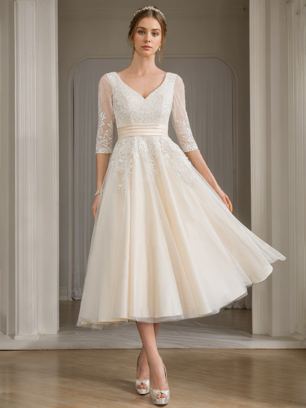 A-Line/Princess V-Neck Half Sleeves Tea-length Lace Wedding Dress with Appliques Ivory