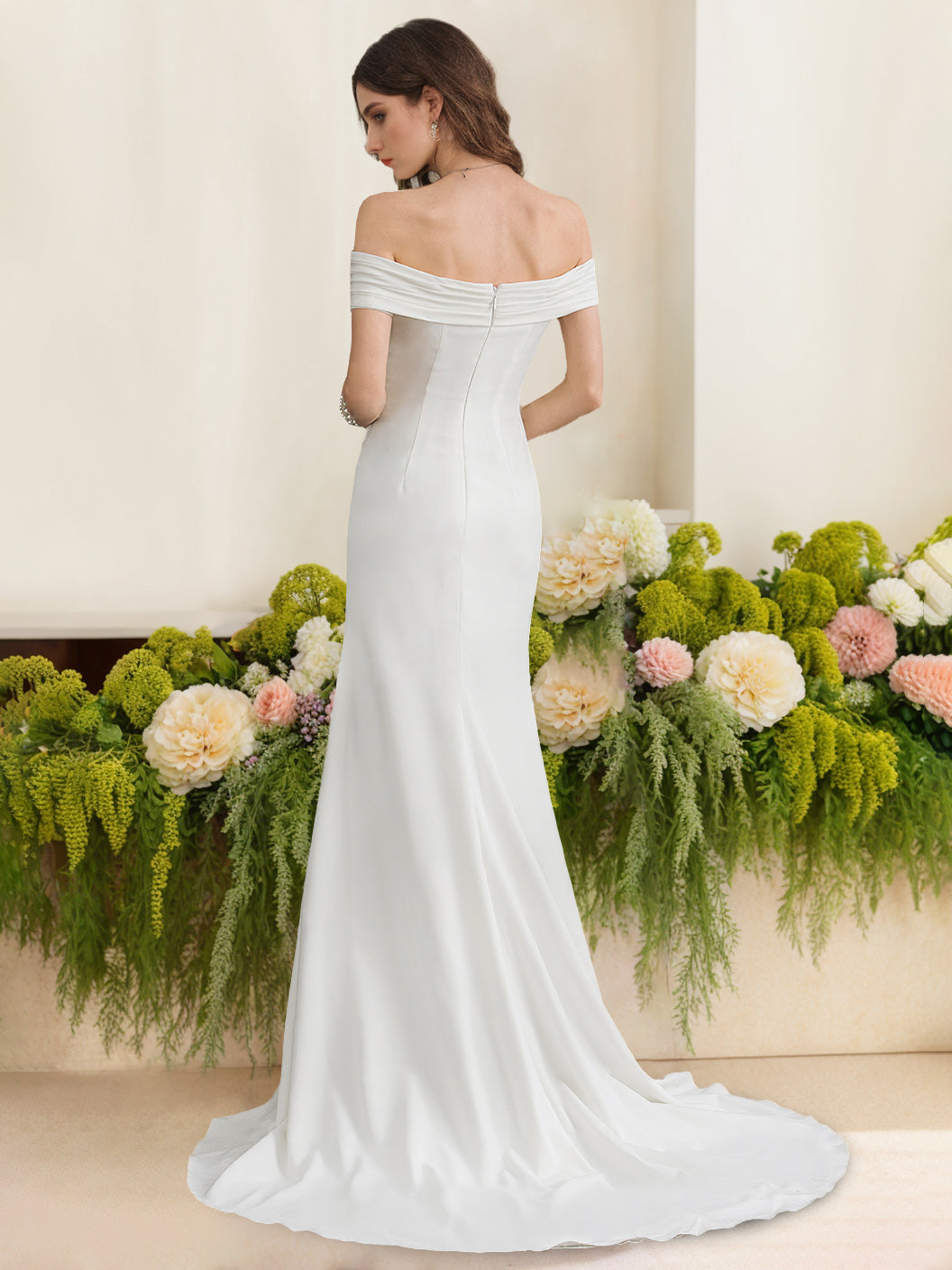 Trumpet/Mermaid Off-the-Shoulder Floor-Length Wedding Dress with Ruffles Ivory