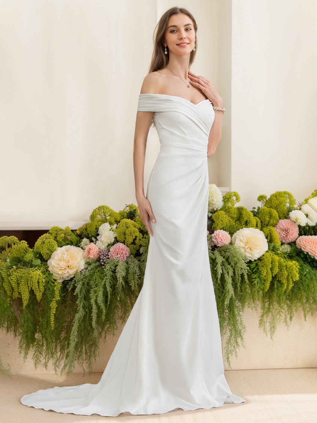Trumpet/Mermaid Off-the-Shoulder Floor-Length Wedding Dress with Ruffles White