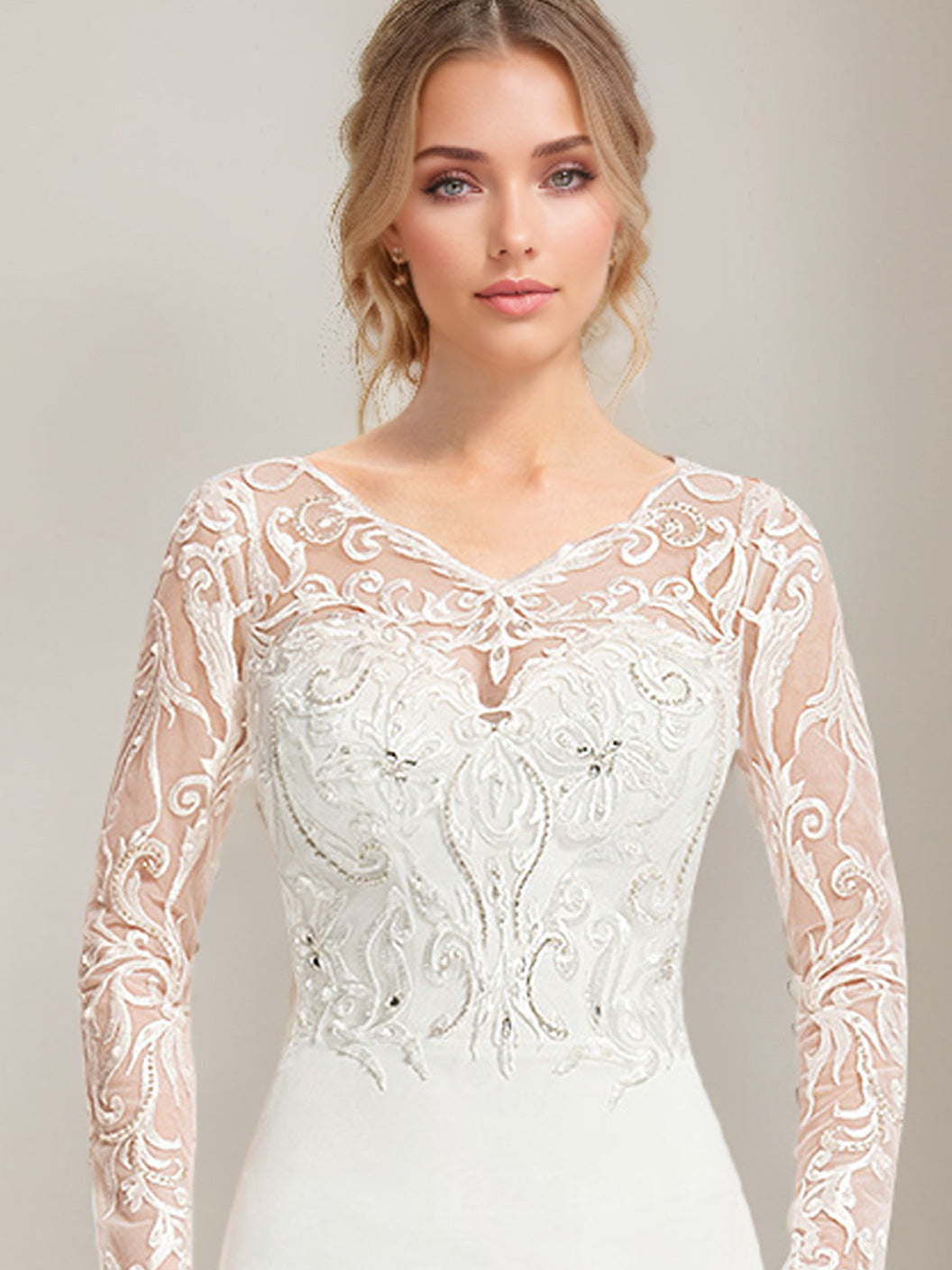 Trumpet/Mermaid V-Neck Long Sleeves Floor Length Lace Wedding Dress with Appliques Ivory
