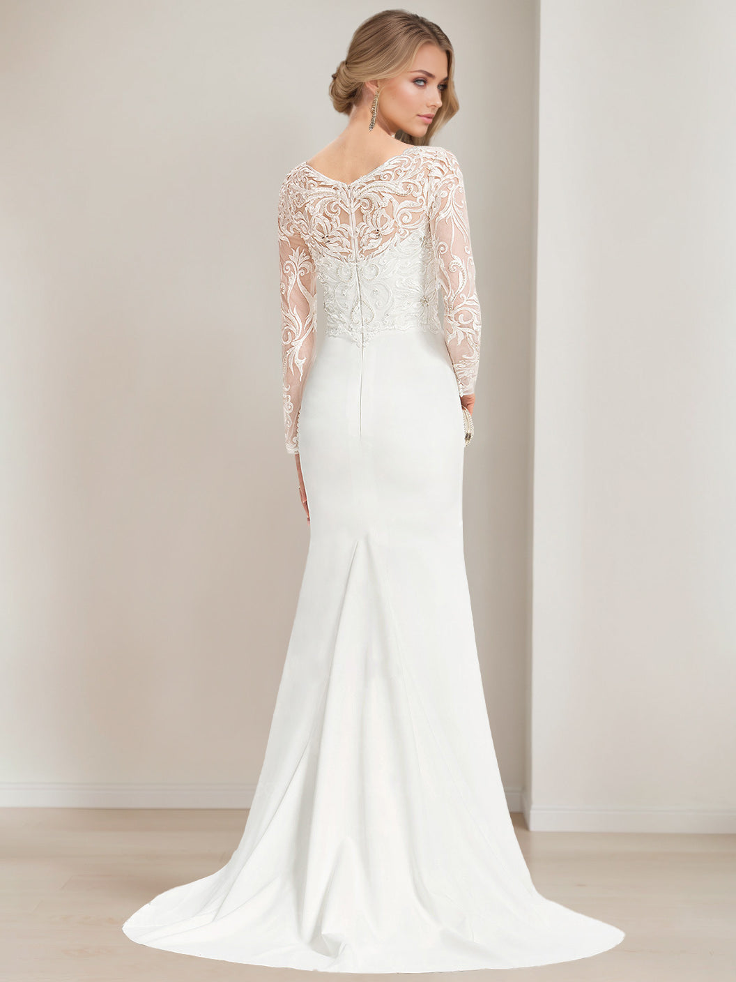 Trumpet/Mermaid V-Neck Long Sleeves Floor Length Lace Wedding Dress with Appliques Pink