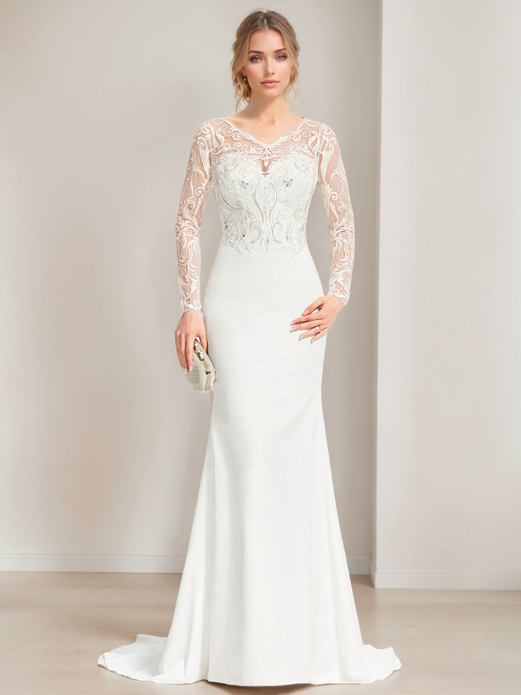 Trumpet/Mermaid V-Neck Long Sleeves Floor Length Lace Wedding Dress with Appliques White