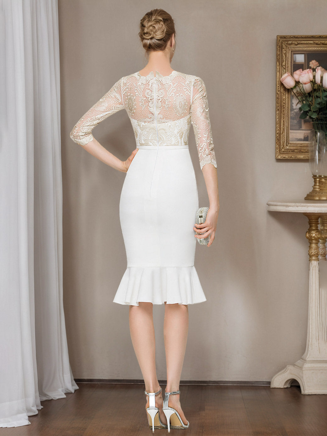 Sheath/Column Scoop Half Sleeves Knee-Length Lace Wedding Dress With Appliques Ivory