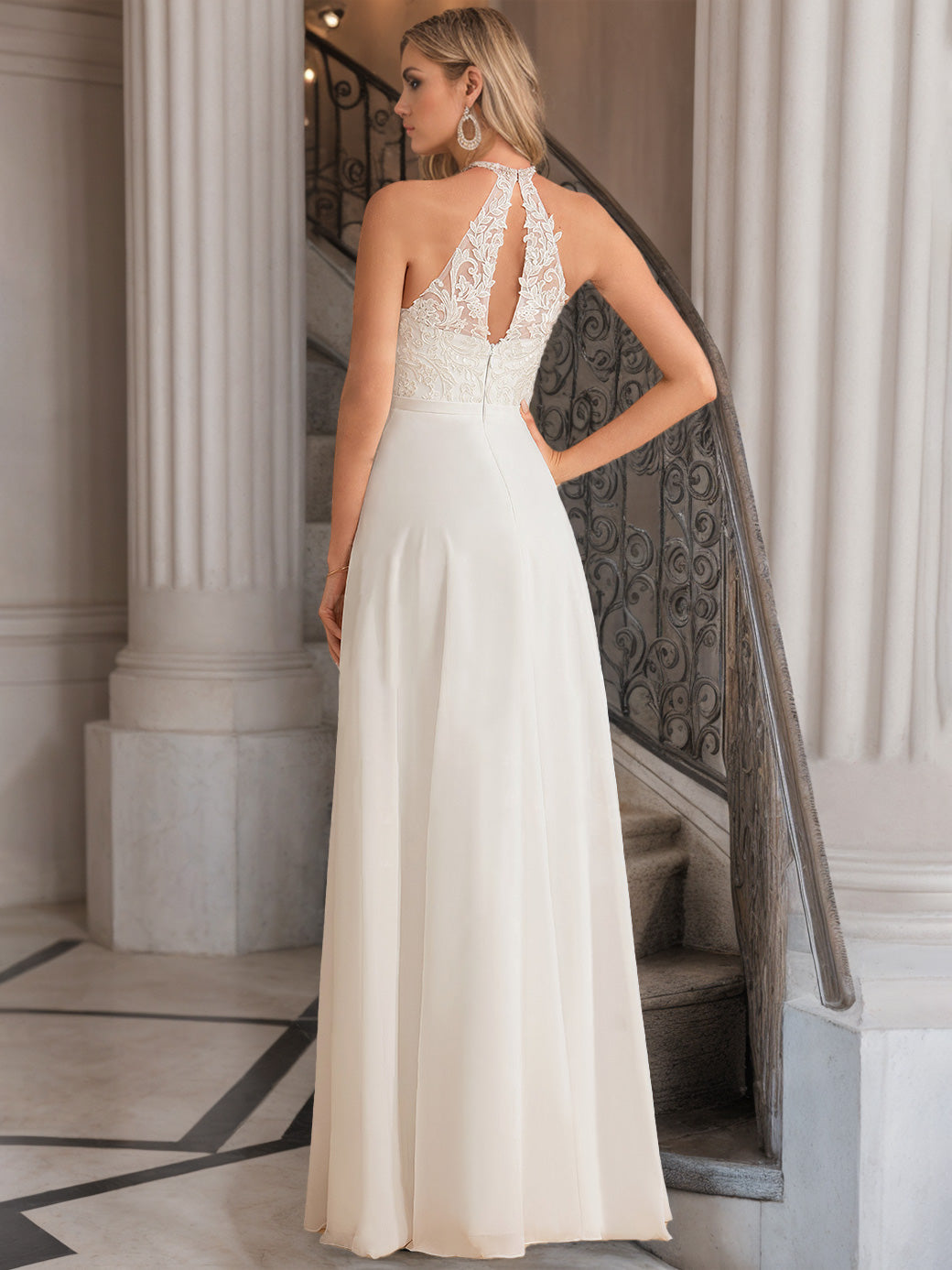 A-Line/Princess Halter Neck Sleeveless Floor-Length Wedding Dress with Lace Embroidery White
