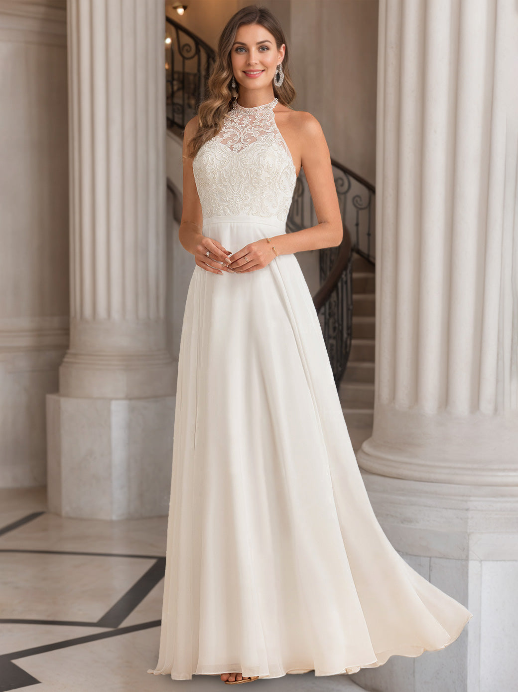 A-Line/Princess Halter Neck Sleeveless Floor-Length Wedding Dress with Lace Embroidery Ivory