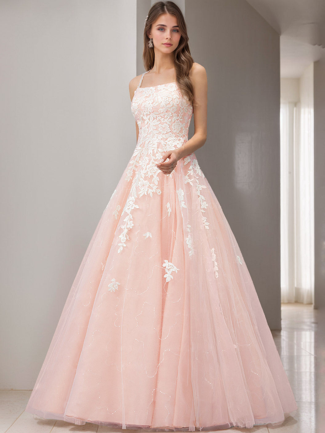 A-Line/Princess Spaghetti Straps Sleeveless Floor-Length Wedding Dress with Appliques & Lace Pink
