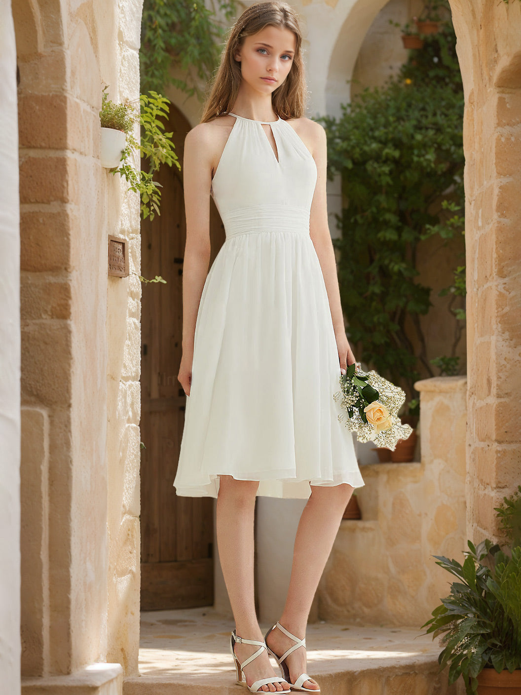 A Line/Princess Halter Neck Sleeveless Knee-Length Wedding Dress with Ruffles Ivory