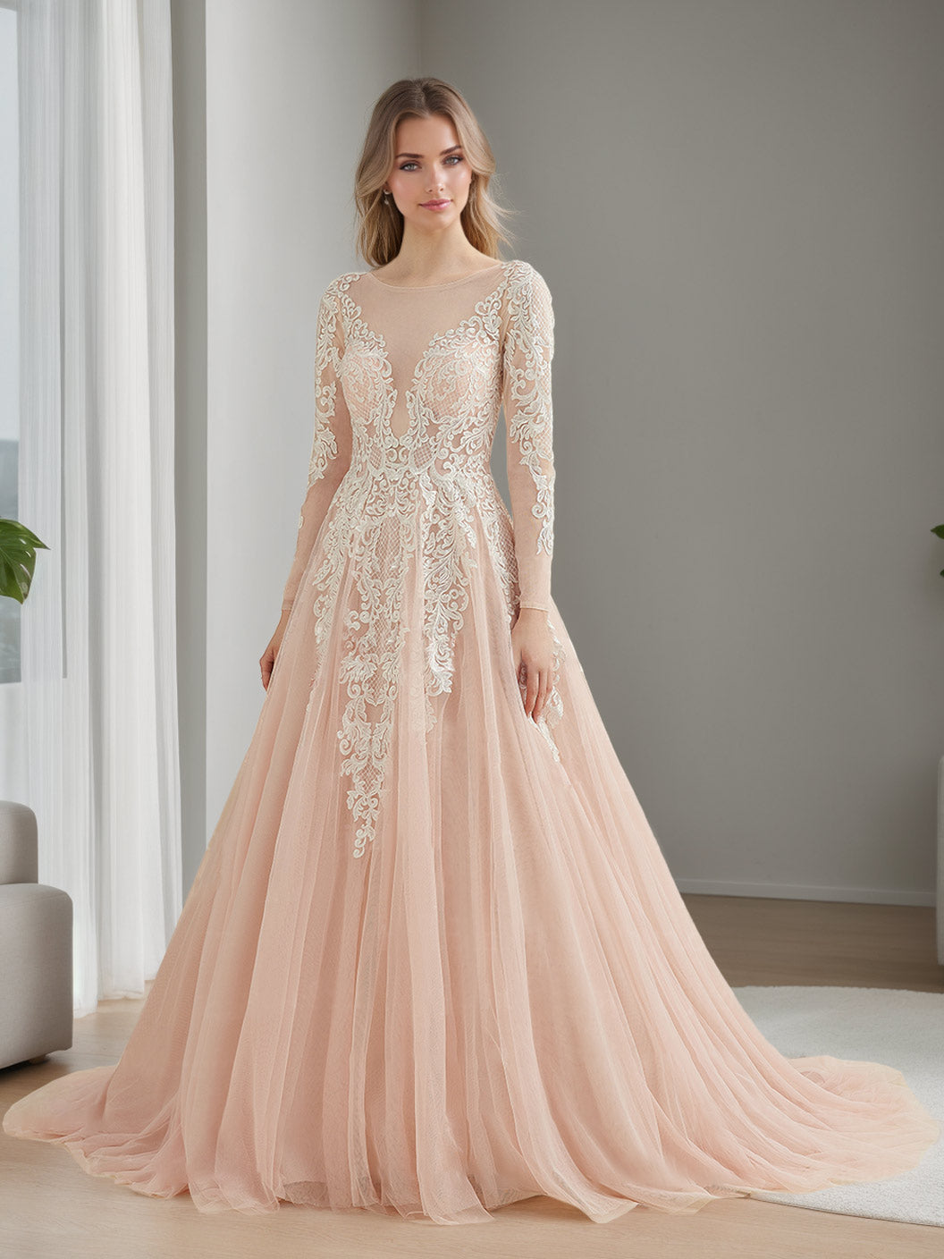A-Line/Princess Scoop Long Sleeves Floor-length Lace Wedding Dress with Appliques Pink