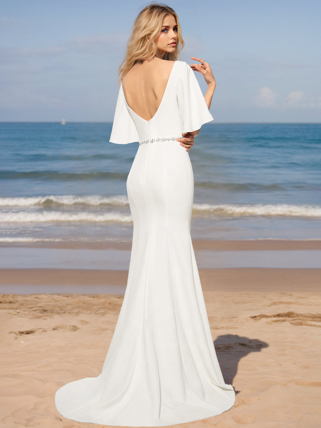 Mermaid/Trumpet V-Neck Half Sleeves Floor-Length Wedding Dresses with Sequins Ivory