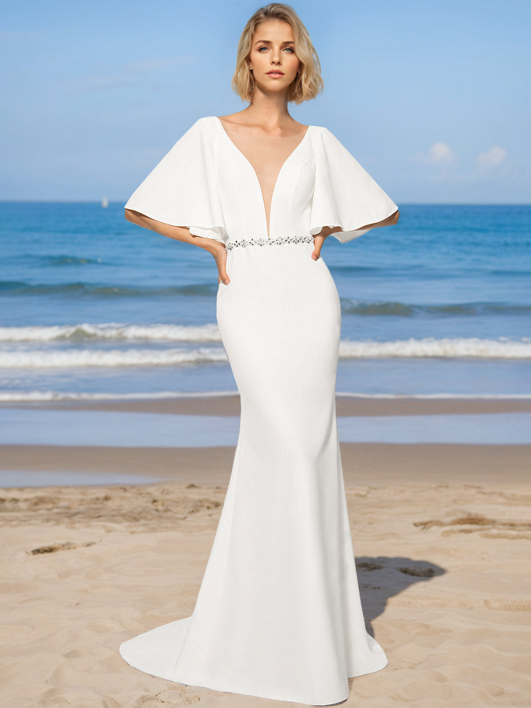 Mermaid/Trumpet V-Neck Half Sleeves Floor-Length Wedding Dresses with Sequins White