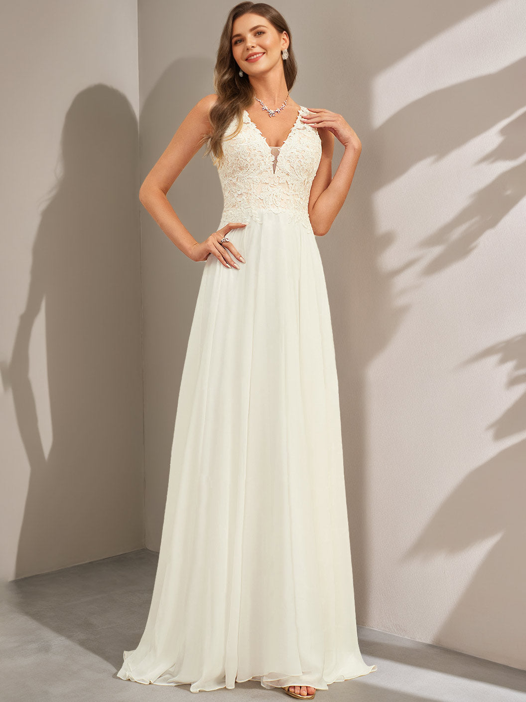A-Line/Princess V-Neck Sleeveless Floor-Length Long Lace Wedding Dress with Appliques Ivory