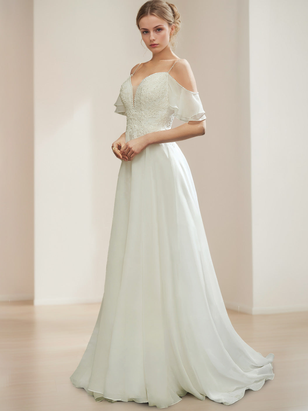 A-Line/Princess Spaghetti Straps Sleeveless Floor-Length Wedding Dress with Appliques & Sequins Ivory