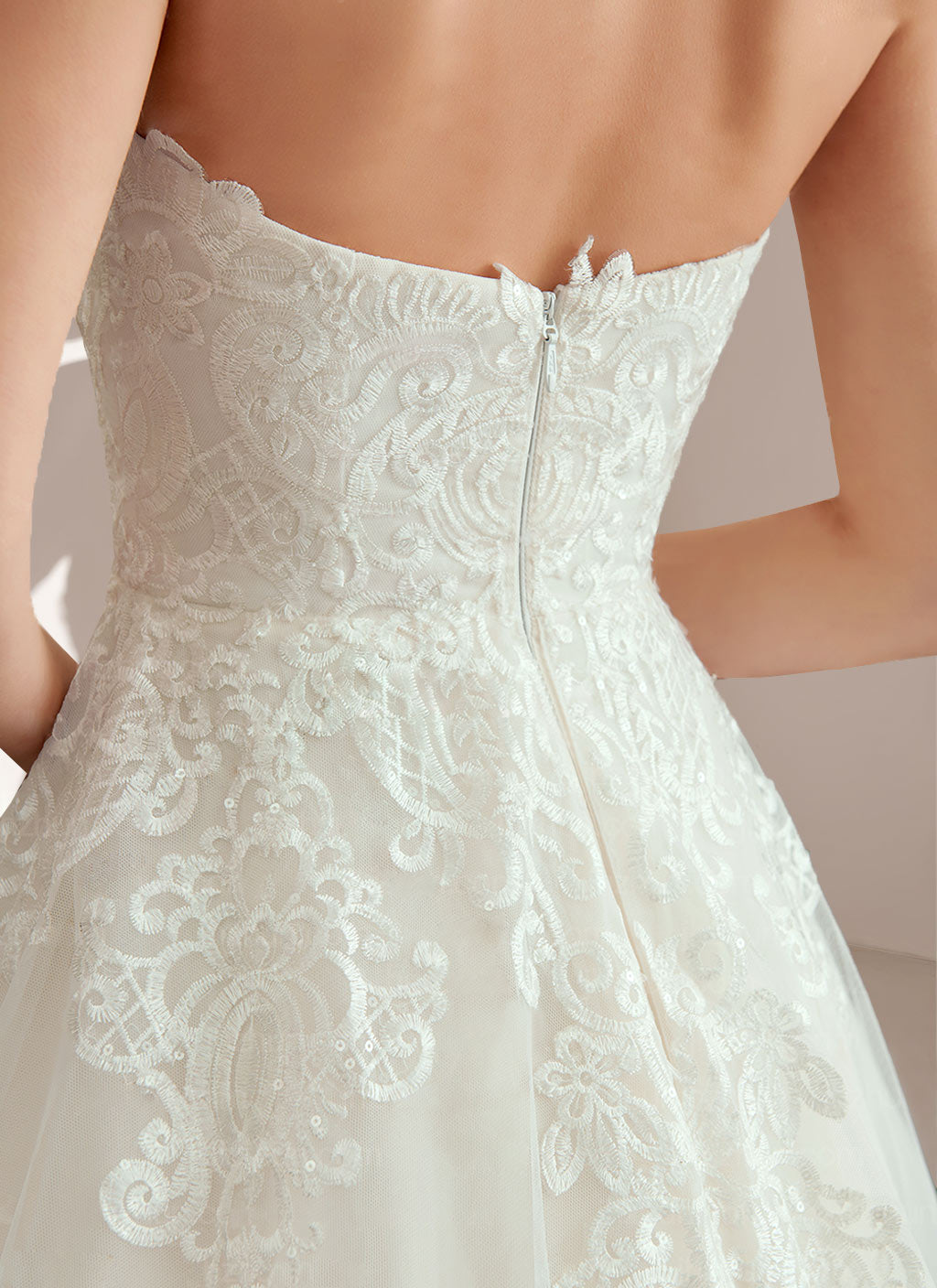 A-Line/Princess Strapless Neckline Sleeveless Floor-Length Wedding Dress with Applique & Lace Champagne