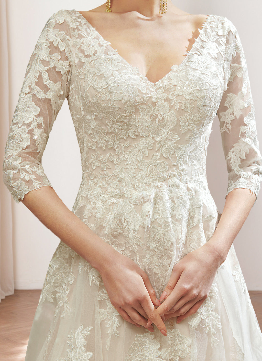 A Line/Princess V-Neck 3/4 Length Sleeves Floor-length Wedding Dress with Lace Embroidery Champagne