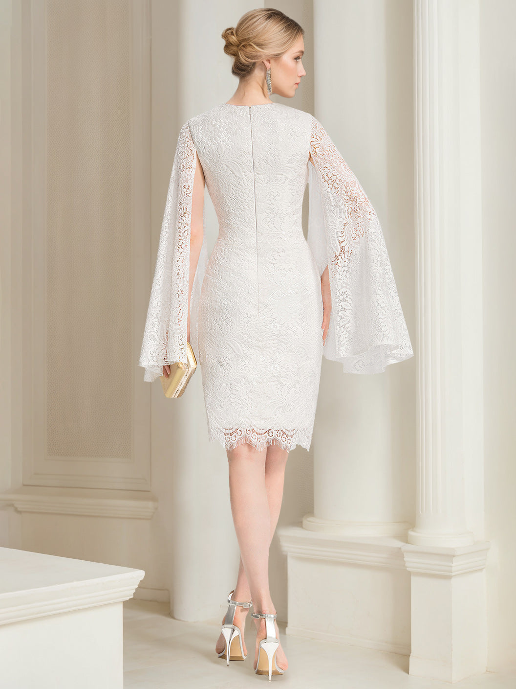 Sheath/Column Scoop Neck Knee-Length Wedding Dress With Appliques & Lace Ivory
