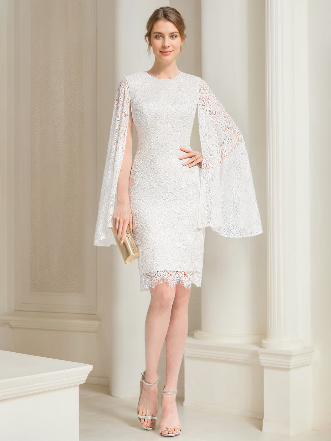 Sheath/Column Scoop Neck Knee-Length Wedding Dress With Appliques & Lace White