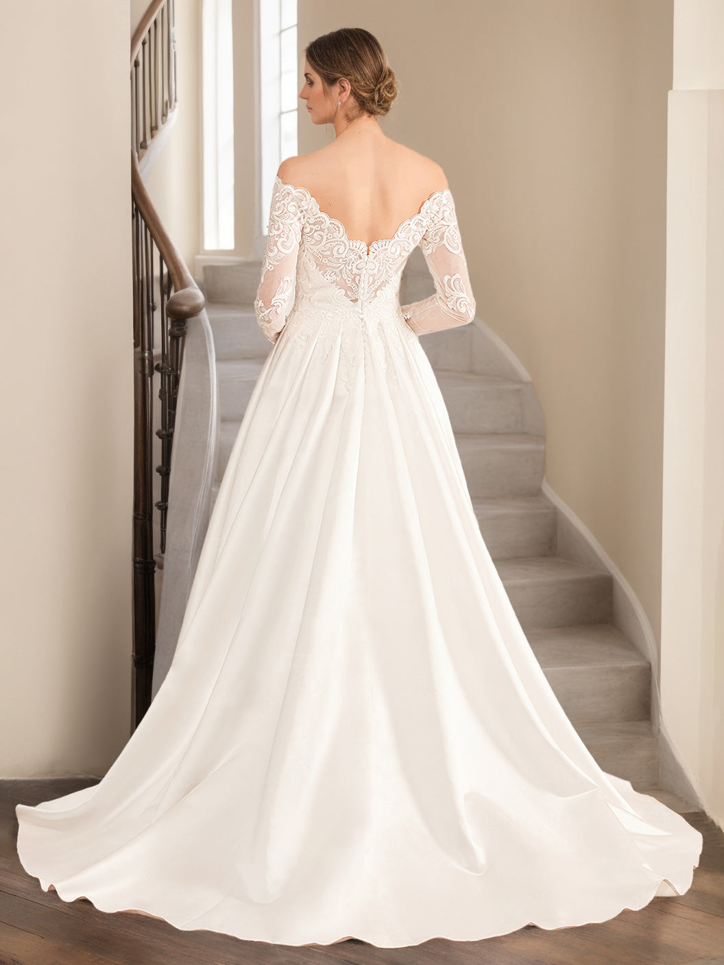 A-Line/Princess Off-the-Shoulder Long-Length Floor-Length Lace Wedding Dress with Appliques Ivory