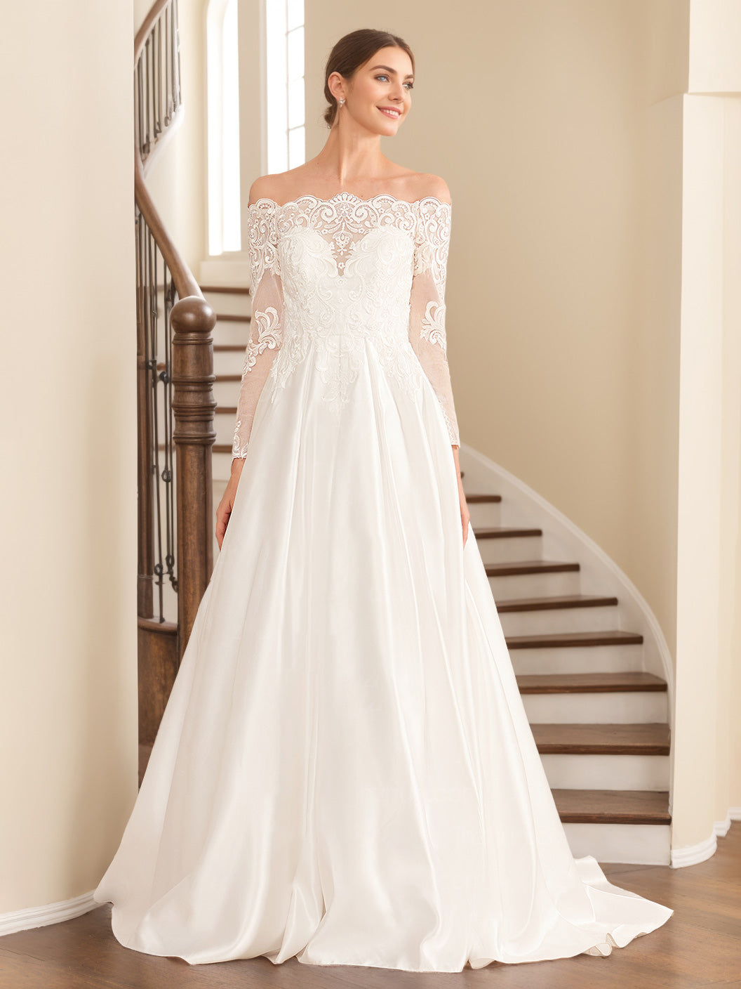 A-Line/Princess Off-the-Shoulder Long-Length Floor-Length Lace Wedding Dress with Appliques White