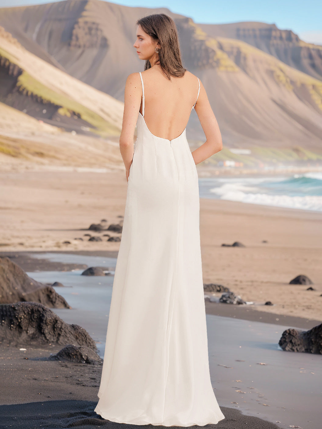 A-Line/Princess Spaghetti Straps V-Neck Sleeveless Wedding Dresses with Ruffles & Split Side Ivory