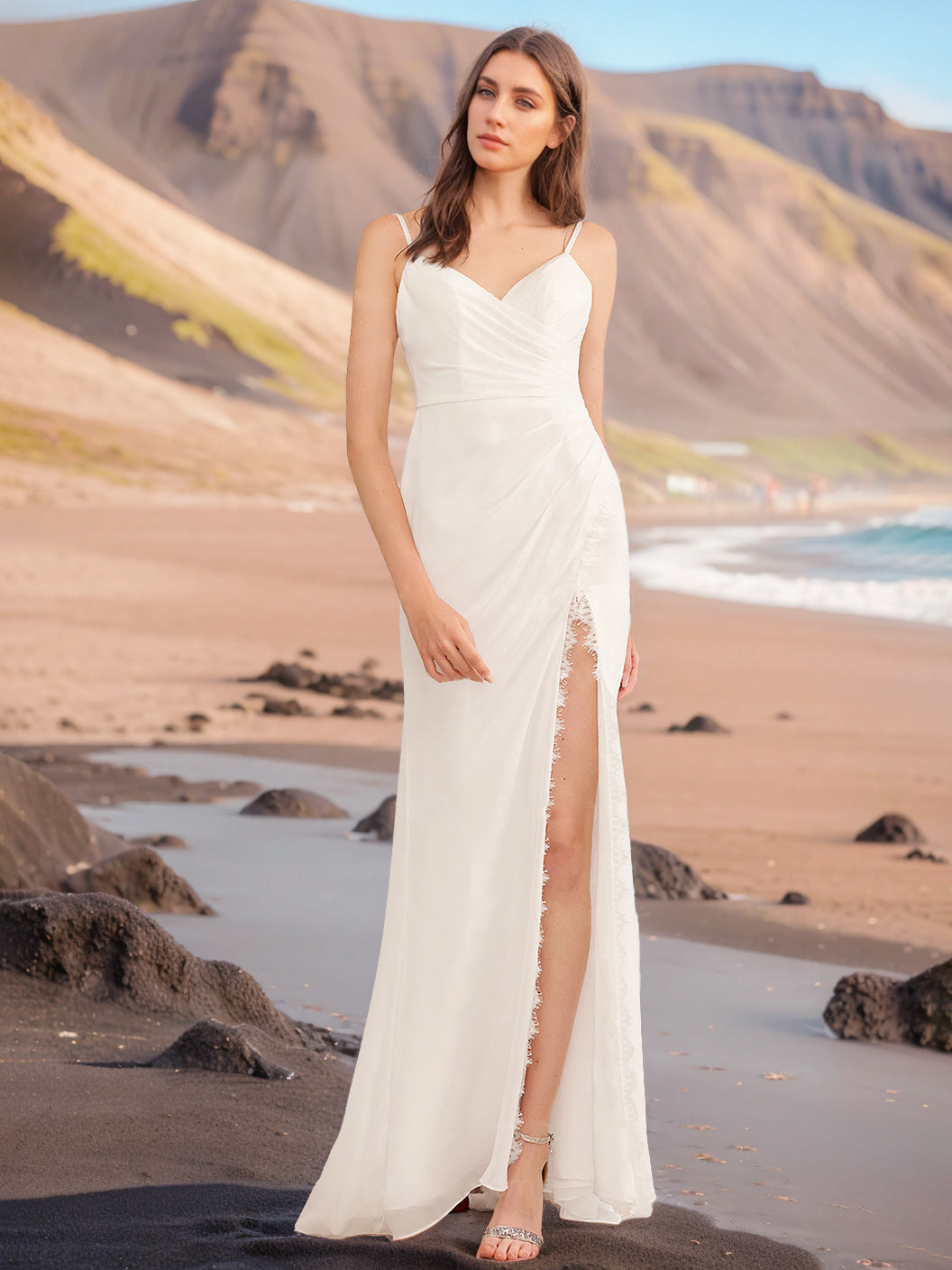 A-Line/Princess Spaghetti Straps V-Neck Sleeveless Wedding Dresses with Ruffles & Split Side White