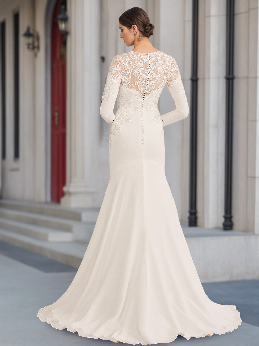 A-Line/Princess Scoop Neck Long Sleeves Floor-length Wedding Dress with Appliques White