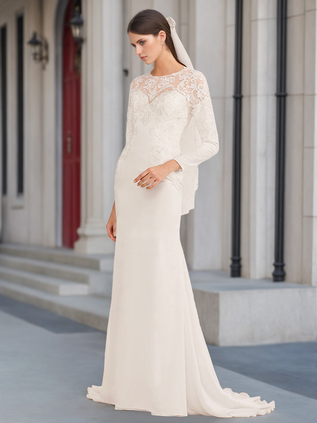 A-Line/Princess Scoop Neck Long Sleeves Floor-length Wedding Dress with Appliques Ivory