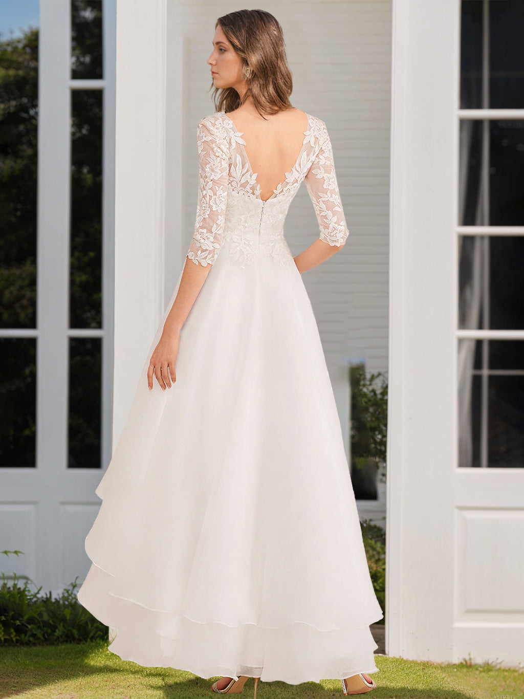 A-Line/Princess V-Neck Half Sleeves Asymmetrical Wedding Dress with Appliques Ivory