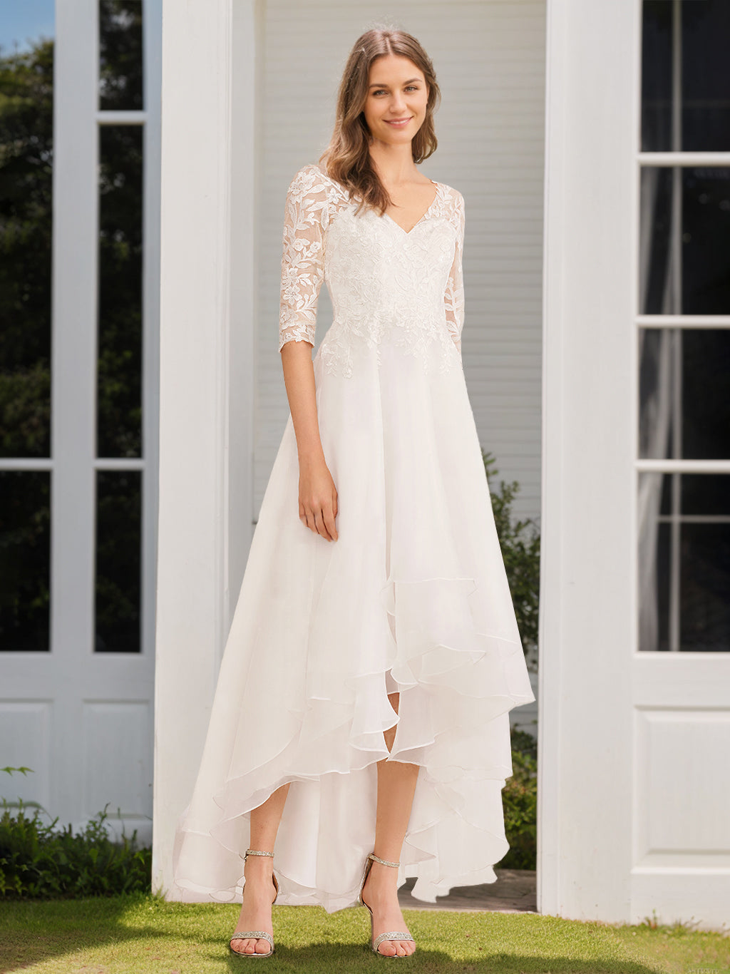 A-Line/Princess V-Neck Half Sleeves Asymmetrical Wedding Dress with Appliques White