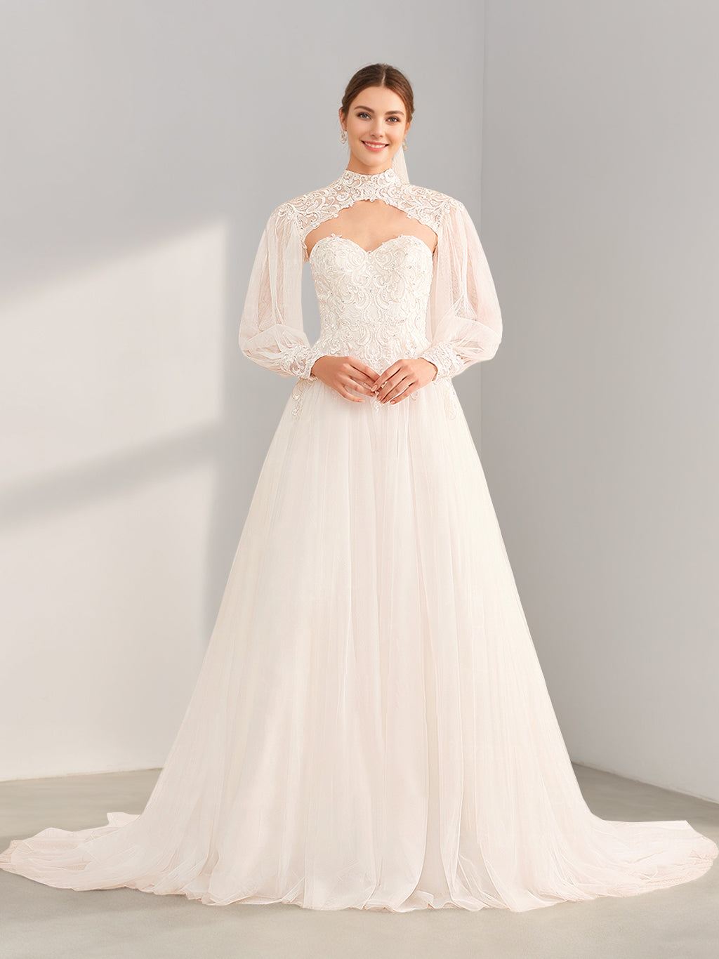 A-Line/Princess Halter Neck Long Sleeves Floor-Length Long Wedding Dress with Lace & Appliques White