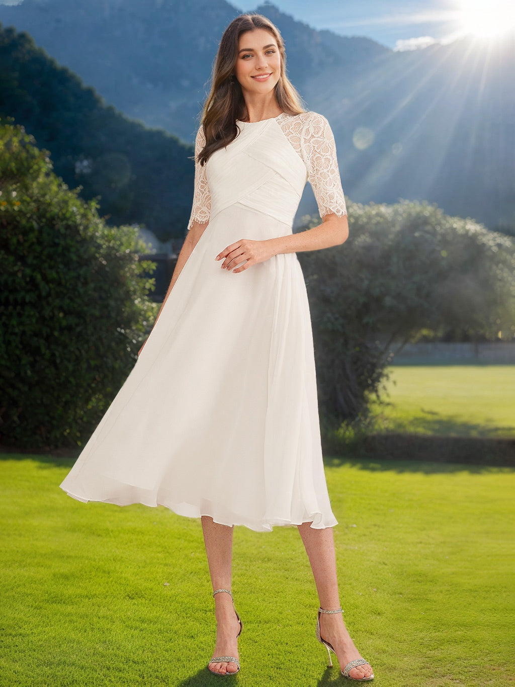A-Line/Princess Scoop Half Sleeves Knee-length Lace Wedding Dress with Appliques & Ruffles White