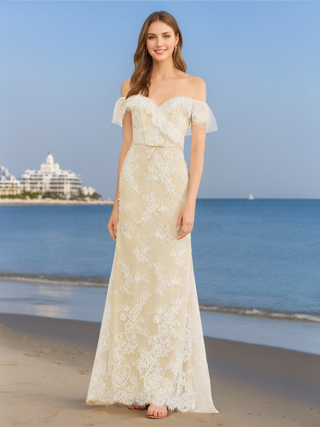 A-Line/Princess Off-the-Shoulder Sweetheart Floor-Length Wedding Dress with Appliques Ivory